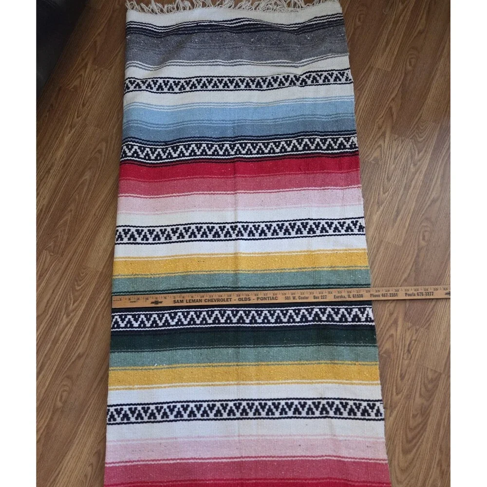 Vintage Mexican Serape Fringe Multicolor Blanket/Throw/Rug 80x57 Vibrant Colors